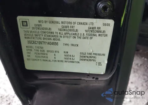 2000 Chevrolet Silverado Ls из США, поврежденный, VIN 2GCEC19V7Y1404656